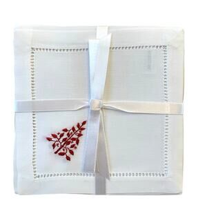 Henry Handwork Hemstitch Cotton Cocktail Napkins w/ Embroidered RED Tree 6x6 NEW